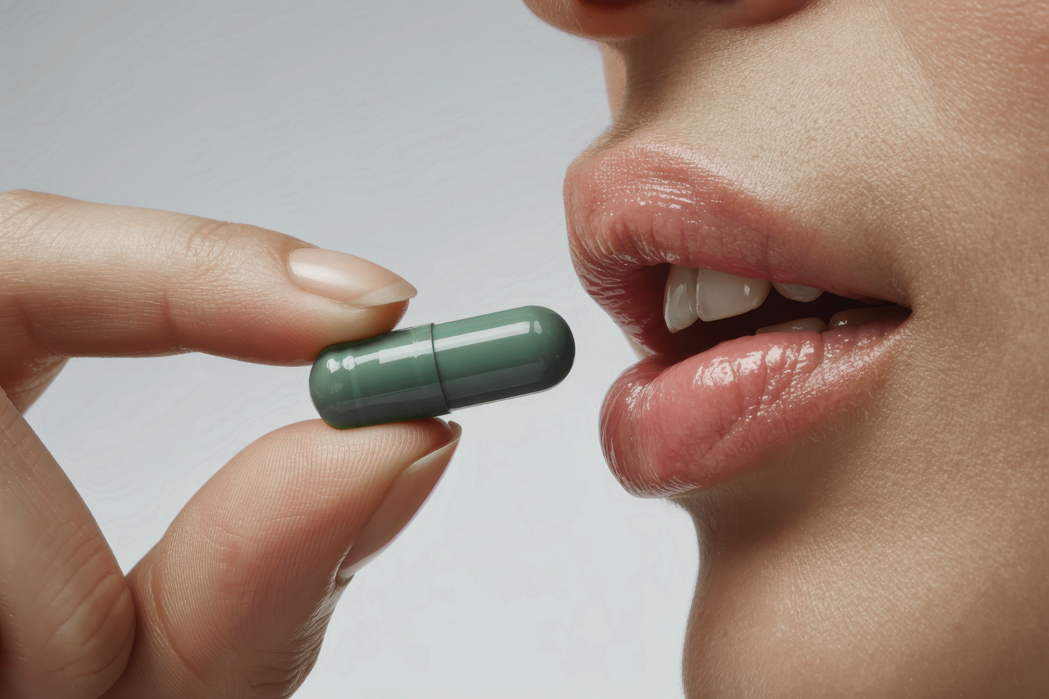 Photo of a green pill being put between lips